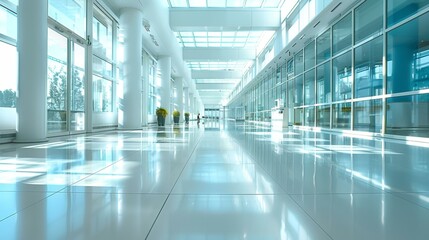 Spacious modern hospital corridor with glossy white tiles, large windows, and natural light streaming in, creating a clean and welcoming atmosphere. Copy space.