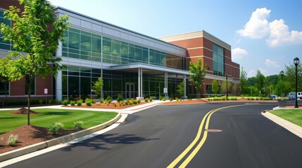 Fototapeta premium Expansive modern hospital exterior featuring glass windows, brick accents, landscaped greenery, inviting entrance with clear blue sky and fluffy clouds.