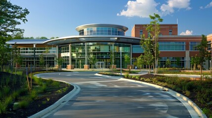 Naklejka premium Modern medical facility entrance framed by lush greenery and clear blue sky, showcasing sleek architecture and expansive glass windows.