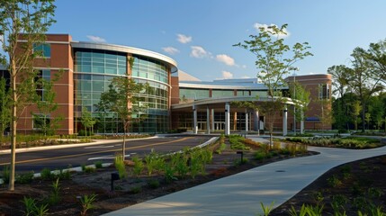 Obraz premium Sleek modern hospital exterior with vast glass windows and brick facade; lush landscaping under clear blue sky.