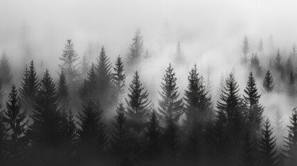 Ethereal misty forest with towering pine trees enveloped in fog, creating a mystical atmosphere with diffused light and dense clouds.