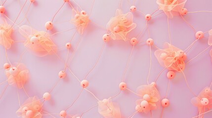 Dusty coral dots linked by peach threads on a soft lavender backdrop, central text space