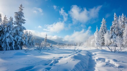 Snow-covered landscape with tall pine trees and a bright blue sky during winter in a mountainous area
