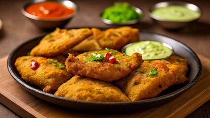 Fototapeta premium Delicious appetizers with vibrant dipping sauces