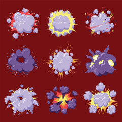 Set of explosions. Set of explosions in cartoon style. Vector illustration.
