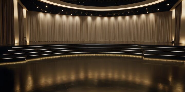 Spacious empty event hall with modern lighting and a minimalist stage, ready for various functions and gatherings.