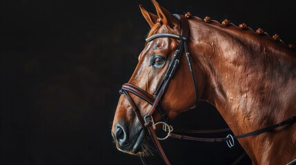 Obraz premium Black background isolated portrait of a beautiful chestnut dressage Budyonny gelding horse wearing a bridle