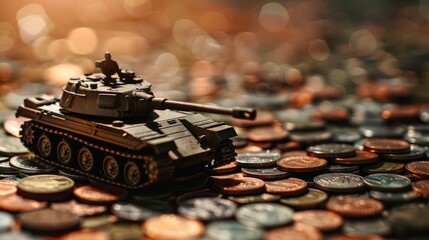 Close-up of a miniature tank on scattered coins with a bokeh background, symbolizing military funding and financial conflict.