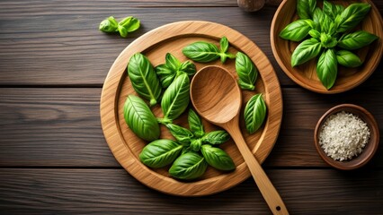  Fresh basil leaves on a wooden cutting board ready for cooking