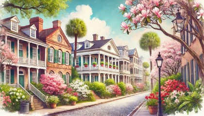 Fototapeta premium A Spring day in Charleston, South Carolina, features antebellum homes, magnolias and cobblestone streets