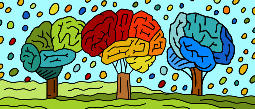 Brains in a shape of trees in a vibrant spectrum of colors.