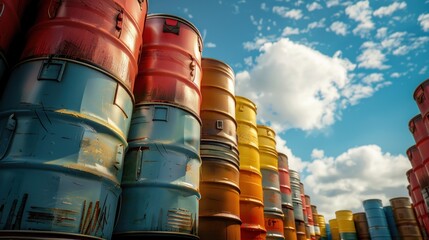 Vibrantly colored oil barrels stacked under blue skies.