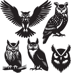 owl silhouette vectors on a white page high quality high resolution, black color isolated on white background