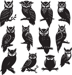 owl silhouette vectors on a white page high quality high resolution, black color isolated on white background