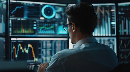 Expert financial analyst deciphering big data on desktop lcd screen for investment success