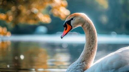 Fototapeta premium White Swan With Curved Neck in Calm Water Near Autumn Foliage
