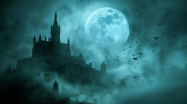 spooky halloween night, hunted Gothic castle at night in full moon, haunted palace or mansion for dark blue background. 