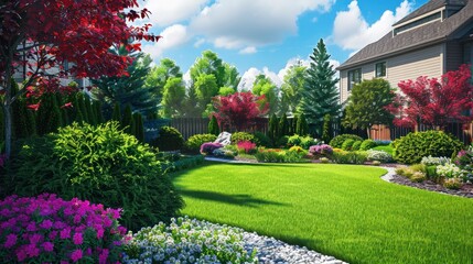 Fototapeta premium Front yard, landscape design with multicolored shrubs and green grass with a beautiful yard for the background.