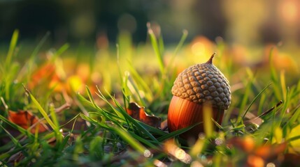 Obraz premium Single Acorn in Autumn Grass With Warm Sunlight