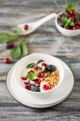 Cherry and blueberry granola with yogurt. Healthy food, diet breakfast.