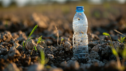 Plastic Water Bottle in a Field - Environmental Impact Concept, Plastic Pollution and Its Effects on Nature, Focus on Single Use Plastic in Natural Setting