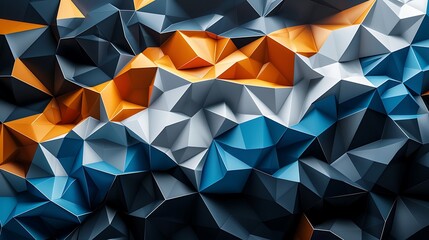 3D rendering of low poly abstract background with blue, orange, and white shapes on a dark black backdrop. Perfect for design presentations.