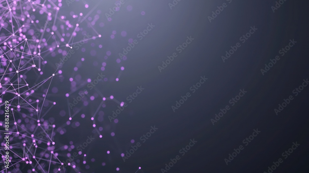 Poster electric violet dots linked by light purple threads on a dark gray background, text space in the low