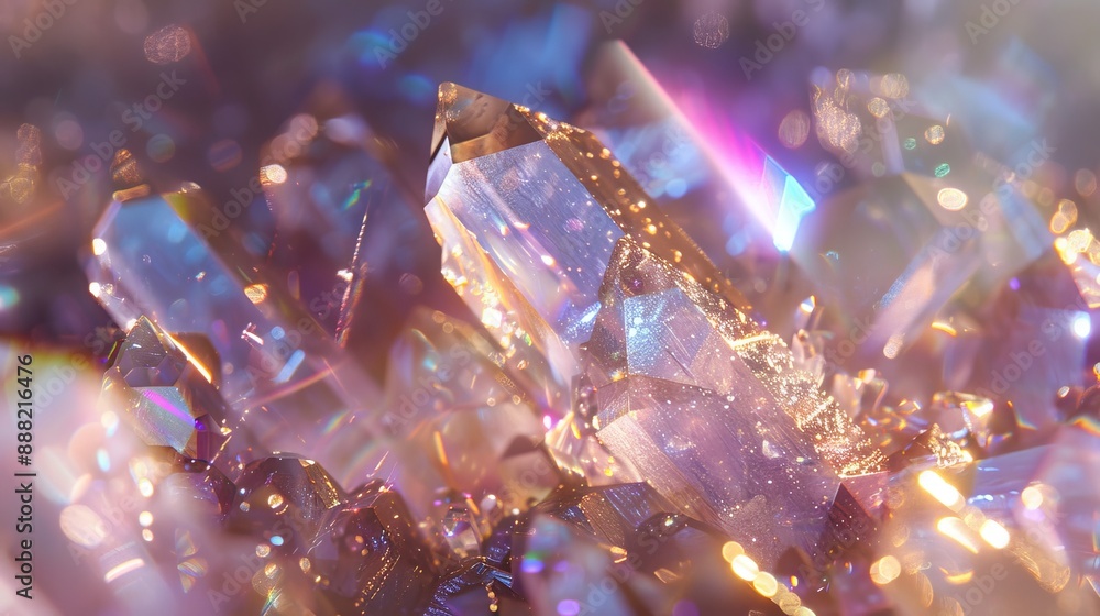Poster close-up view of shimmering crystals with colorful reflections under soft light conditions