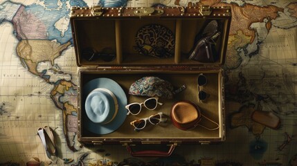 A vintage suitcase open to reveal an array of travel accessories, such as sunglasses, scarves, and hats, set against a backdrop of an old world map.