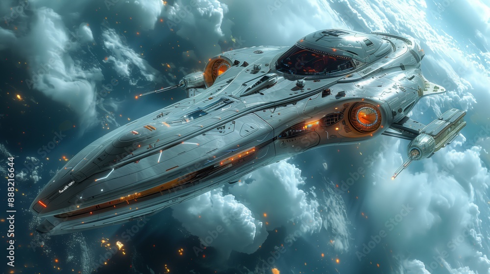 Poster a sleek spacecraft navigates through a cloud-covered atmosphere with advanced technology and powerfu