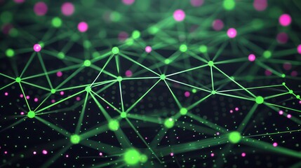 Emerald green dots linked by fuchsia lines on a deep charcoal canvas, designated text space in the upper center