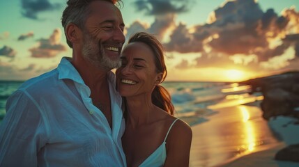 Laughing Middle-aged Couple in love portrait while walking by sandy ocean beach in evening sunset hours on seashore on exotic island. People relationship and tropic honeymoon vacations concept photo.