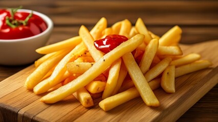  Deliciously golden fries with a vibrant red ketchup