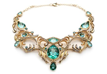 gold necklace with teal and gray gemstones
