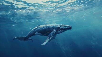 Fototapeta premium Lonely humpback whale swimming in the vast ocean, whale, humpback, mammal, ocean, solitude, peaceful, majestic, marine, wildlife