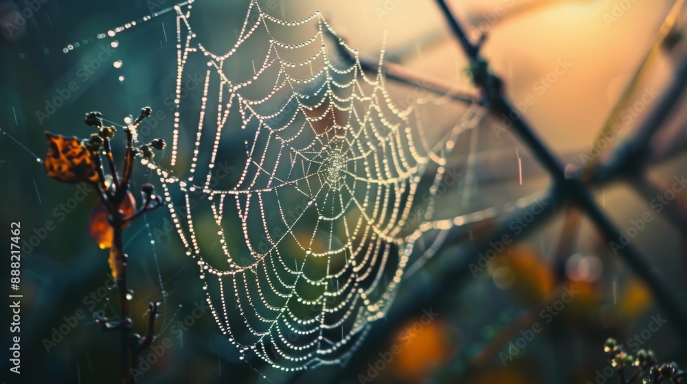 Poster macro shot of a spiderweb with dew.
