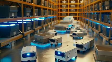 Obraz premium An automated warehouse with robots sorting and moving packages, representing the cutting-edge technology in logistics and supply chain management.