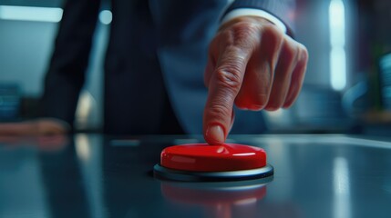 Finger of a man in a suit presses a large red button. AI generated.