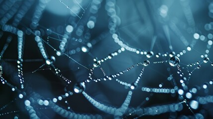 Obraz premium Delicate spider web adorned with dew droplets glistening in the morning light