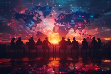 Global Business Team Meeting with World Map Background