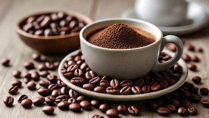 Obraz premium Aromatic coffee beans and a steaming cup of cappuccino