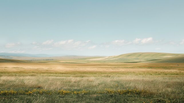 Minimalist wallpaper, Tranquil valley, rural landscape, countryside meadow with rolling green hills and a golden grass field dotted with yellow wildflowers under a clear blue sky with wispy clouds
