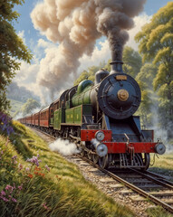 Fototapeta premium A nostalgic retro illustration of a steam train from the age of steam