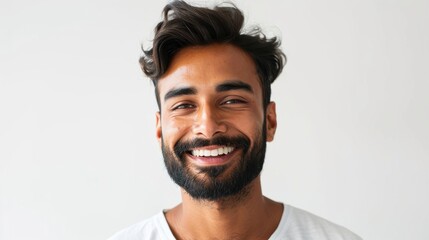 Obraz premium portrait of an attractive indian male in his 30s with a beard smile and looking into the camera isolated against a white background
