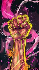 Fototapeta premium Radiant fist in pink and neon aura, vibrant gesture art.