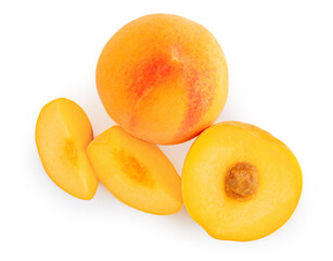 Peach fruit isolated on white background. Peach or Nectarine top view. Flat lay.