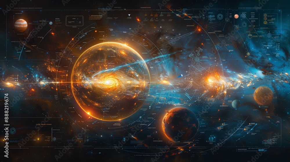 Poster futuristic space map showing routes for eda and bb af des exploration. central glowing planet with s