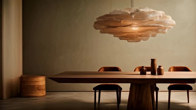 Modern layered textures lamp, dining table, wabi sabi interior design	
