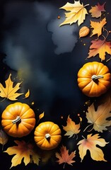 Halloween layout, pumpkins and autumn leaves on a black background, copy space