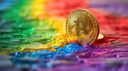 Golden Bitcoin coin placed on a vibrant, glittering background with multicolored bokeh lights, symbolizing digital currency and finance.
